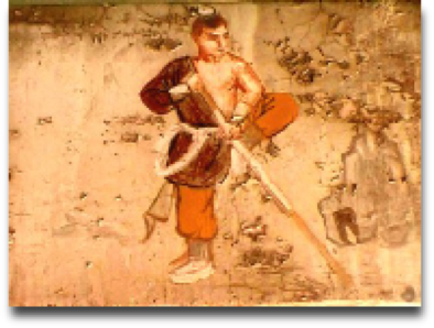Shaolin boxing staff ancient mural.